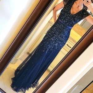 Adrianna Papell Midnight Blue Sequined Gown, Sz 2